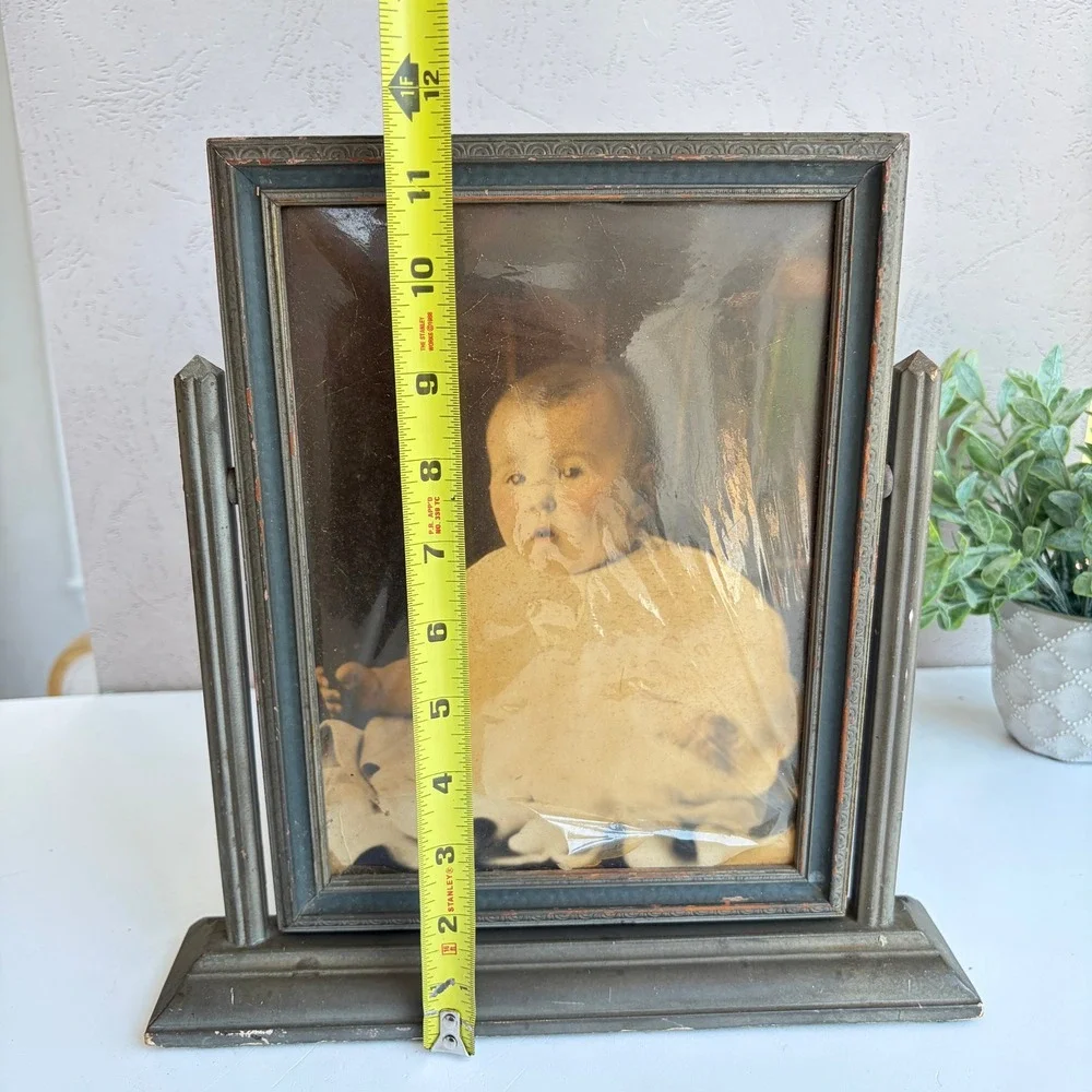 Antique Swivel Tabletop Picture Frame Green Gold Wood Baby Portrait 11 inch